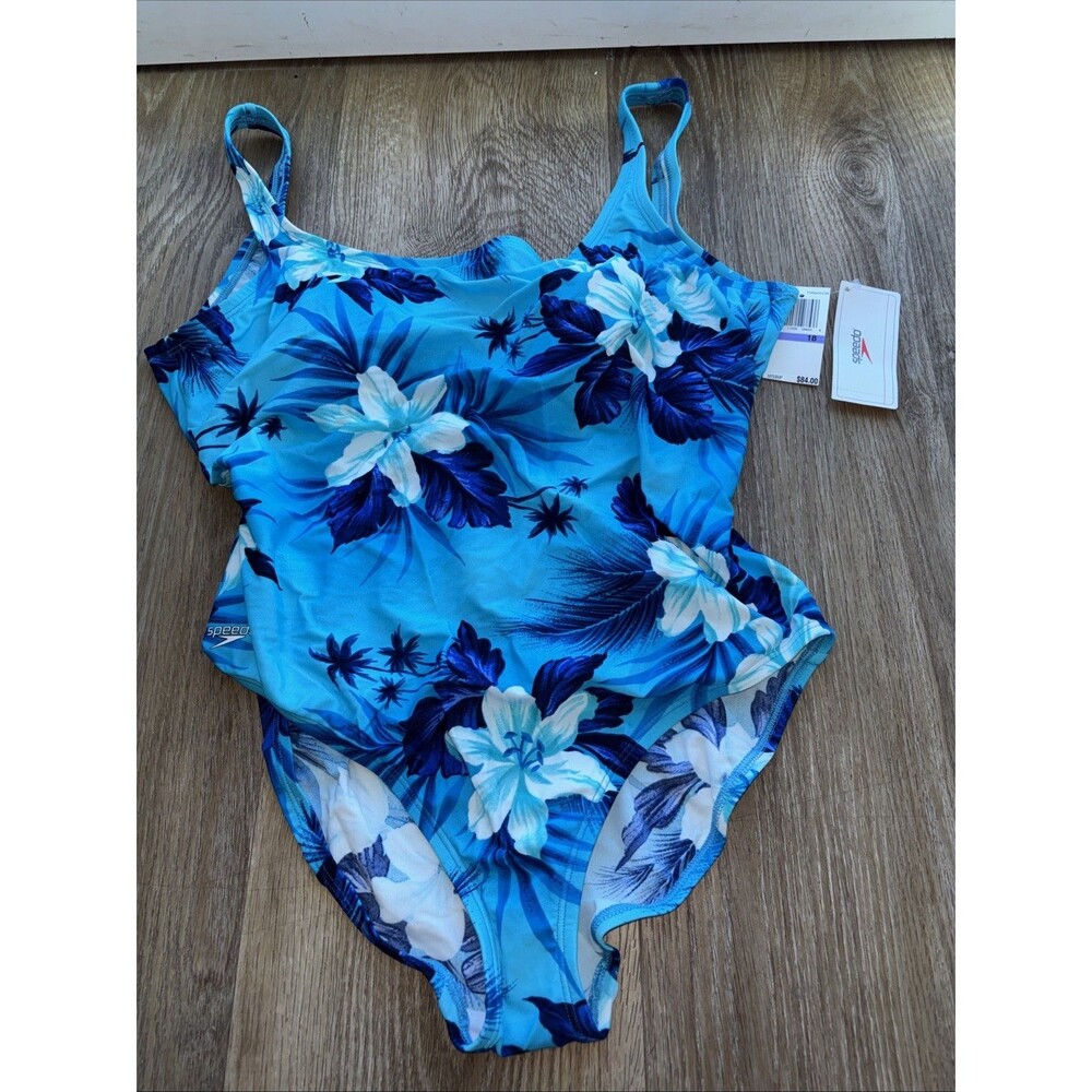 Speedo One Piece Blue Floral Swimsuit New Padded 18 Stretch Lined Turquoise